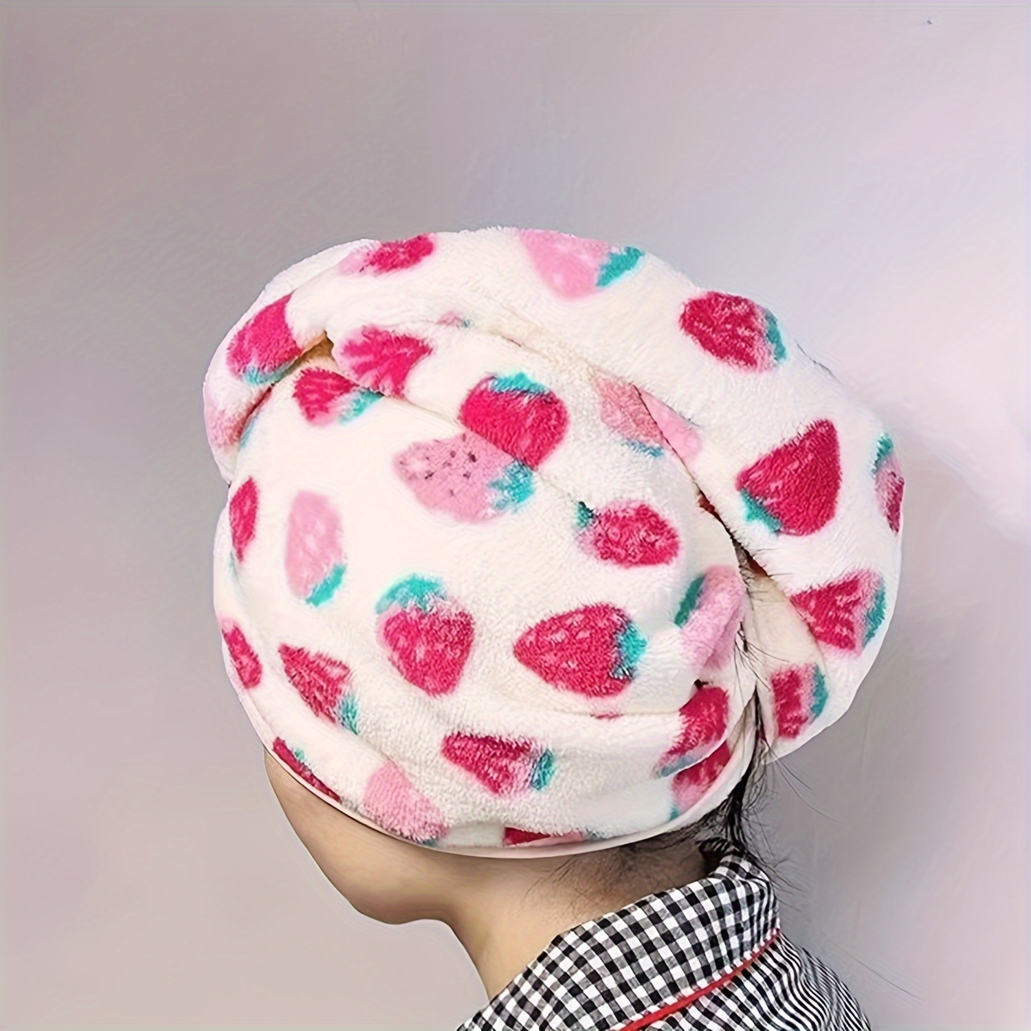 

1pc Strawberry Print Bath Cap With , Coral Velvet, Soft And Absorbent, For Bathroom, Bathing, Washing Face, All