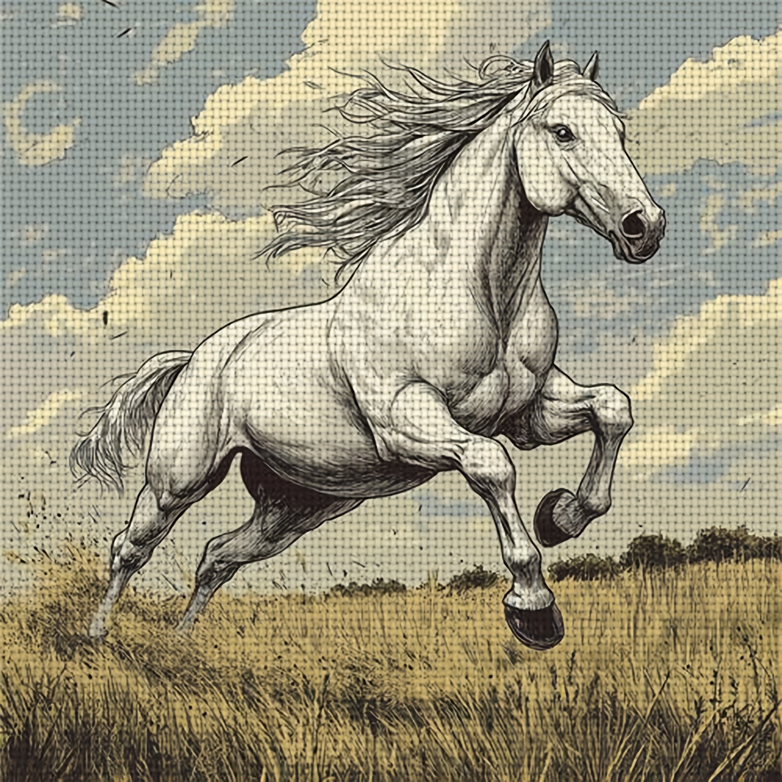 DIY Cross-Stitch Printed Kit, Unframed, "White Horse Galloping on Meadow" Pattern