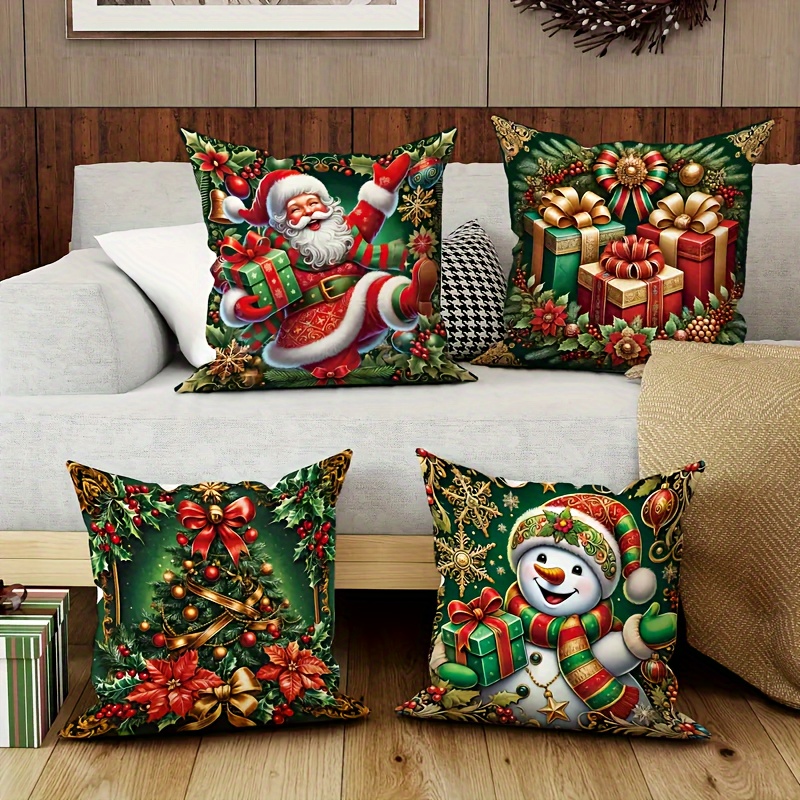 

Holiday 4pcs Set Christmas Pillowcase - Santa Claus, Snowman And Gift Patterns - Soft And Comfortable Fabric, , Zipper Closure, Machine Washable - Decoration, Pillow Insert Not Included