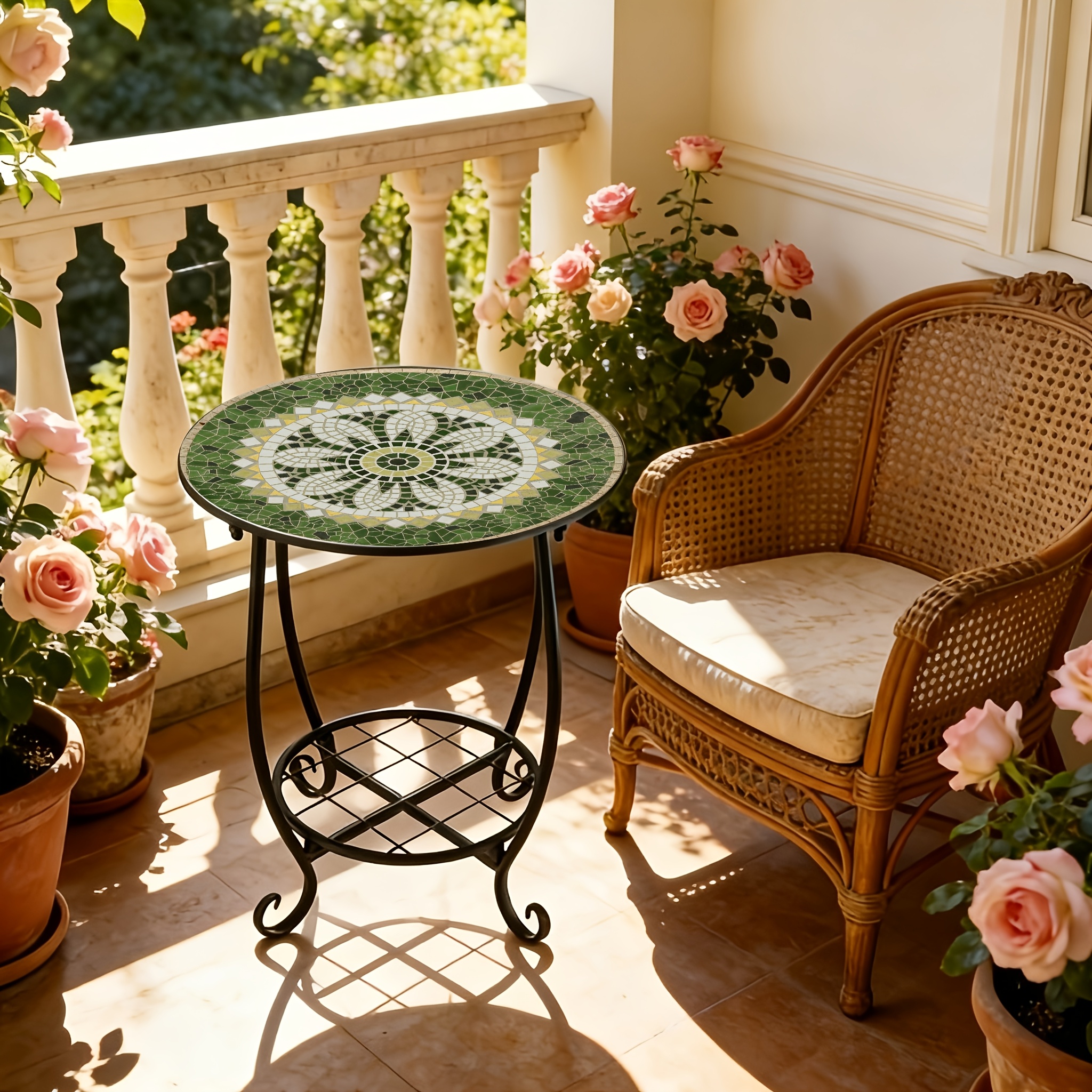 Small Round Metal Side Table with 2-Tier Iron Plant Stand, Retro Mosaic Design