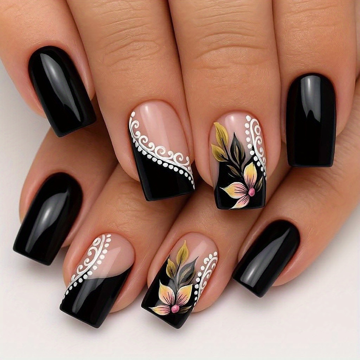 TEMU Full Set Of 24pcs Medium Square Fake Nails - Double-sided Retro Floral , Diverse Styles, Fashionable Nail Art, Vibrant Nail Art | Pattern