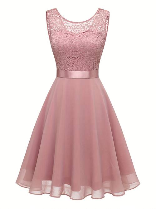 elegant black lace trimmed midi dress with hem sleeveless round neck cinched waist flowing skirt for for spring summer formal attire hem dress cinched waist design