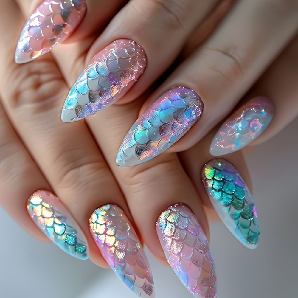 24pcs Glossy Press On Nails Colours Squama Temperament Pattern Fake Nails Artificial Reusable False Nails For Women