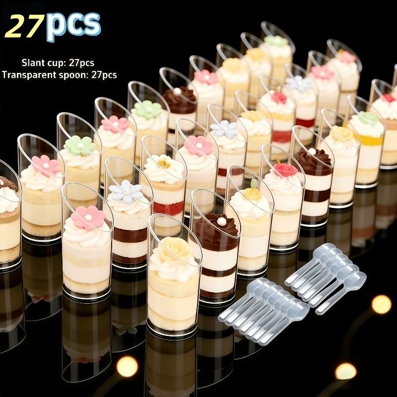 Image of 27pcs Cups And 27pcs Spoons, Clear Slanted Round Cups, Mini Mousse Cups, Mini Pudding Cups, Dessert Cups For Weddings, Holidays, Parties, Birthday Bbqs, Mother's Day, And Occasions, Hand Wash