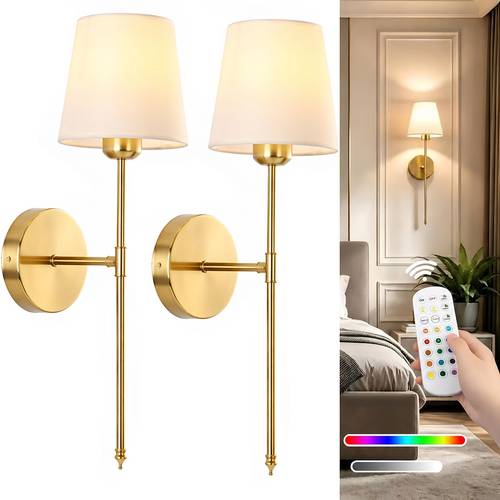 objektbild 2 set sladdlösa batteridrivna vägglampor, guld/svarta uppladdningsbara vägglampor, med avtagbara magneter och fjärrstyrd glödlampa, rgb färger och 3 färgtemperaturer, justerbar ljus trådlösa vägglampor för vardagsrum och sovrum