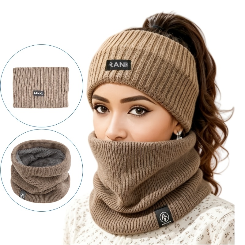 TEMU 2pcs Women Winter Ponytail Ear Warmer Headband And Fleece Lined Neck Gaiter Set, Warm Head Wrap Neck Warmer For Cold Weather Running Cycling