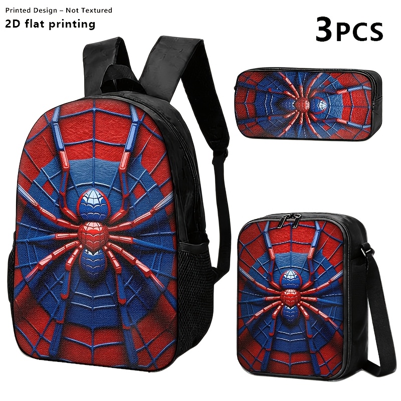 TEMU 1pc/2pcs/3pcs Spider Themed Backpack, Shoulder Bag & Pencil Case With Red/blue Spider Design; Ideal For Young Adults In Daily Commutes, Travel,