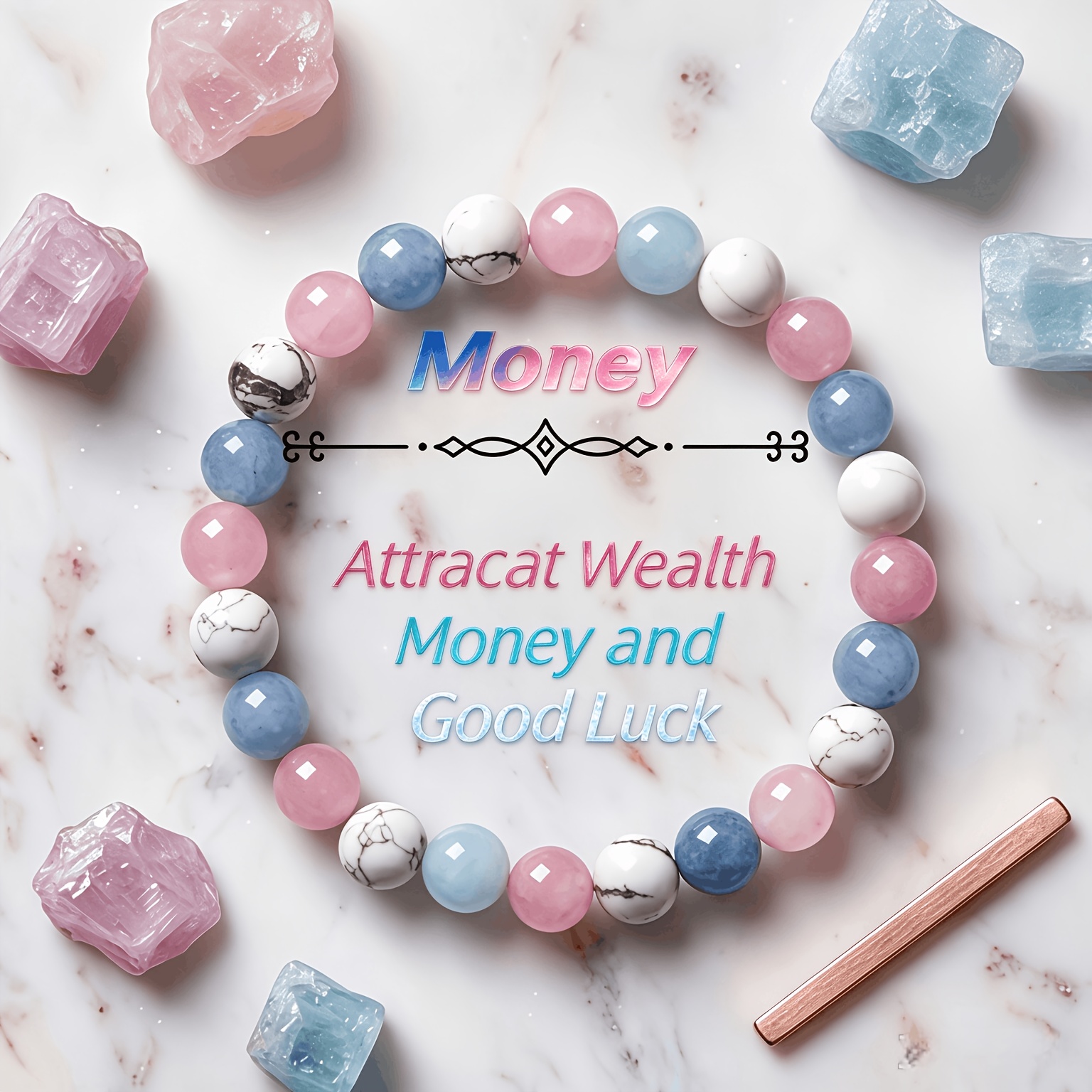 White Howlite, Aquamarine & Pink Quartz 3-Material Handmade Bracelet