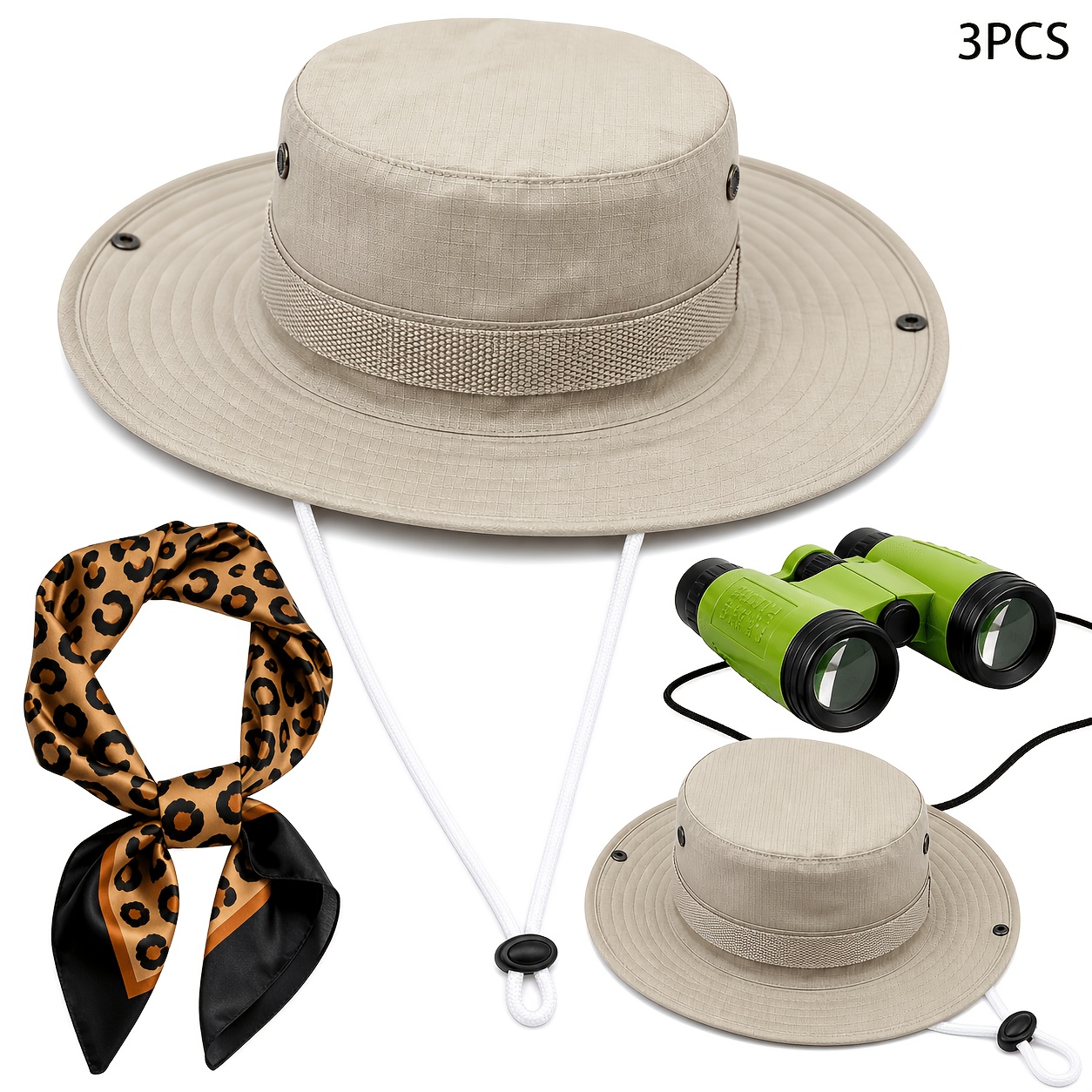 Image of 3pcs Women Costume, Hats Bucket Hat Leopard Neck Scarf Binoculars Outfit Accessories For Halloween Cosplay Party For Women Men