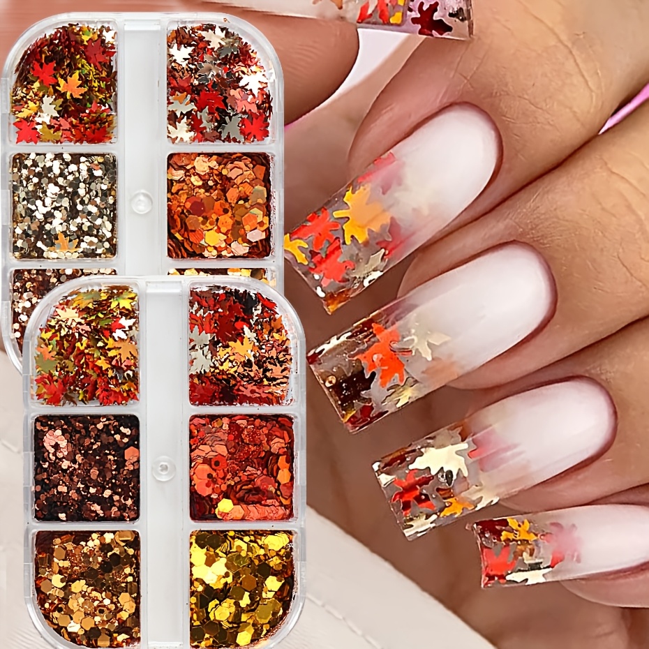 Reddish Brown Tones Fall Maple Leaf Nail Glitter Sequins Set