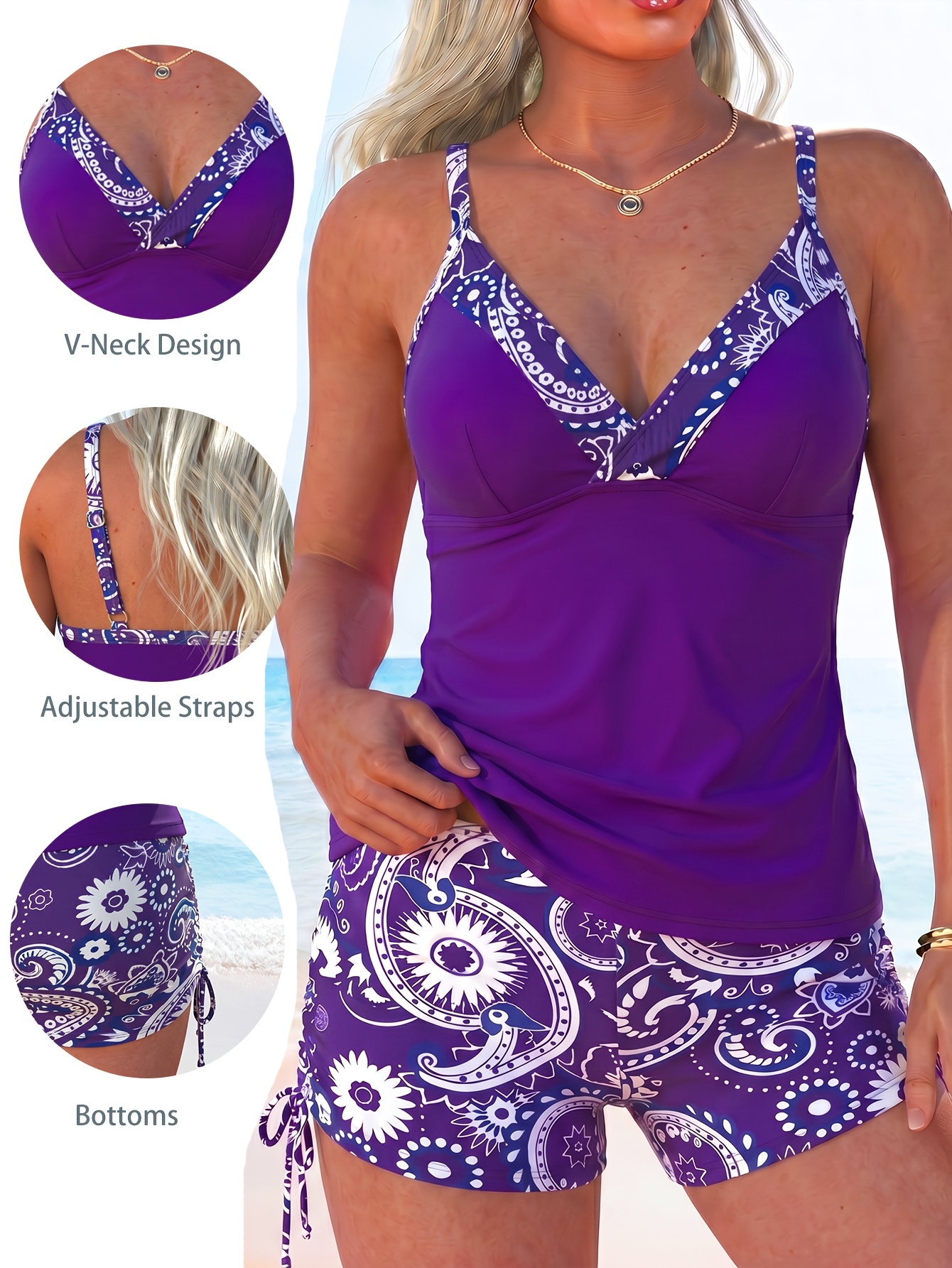 Pistachio Flower Split Square V-Neck Twist Tankini Style Swimwear