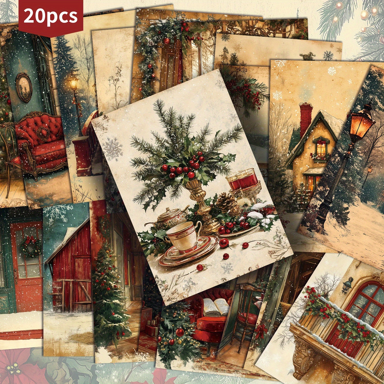 TEMU 20-Pack Vintage Winter Rood & Groen Kerstdecoratie Postkaarten - 4x6 inch Retro Junk Journal Papier, Klassieke Pinup Illustraties, Verzamelbare