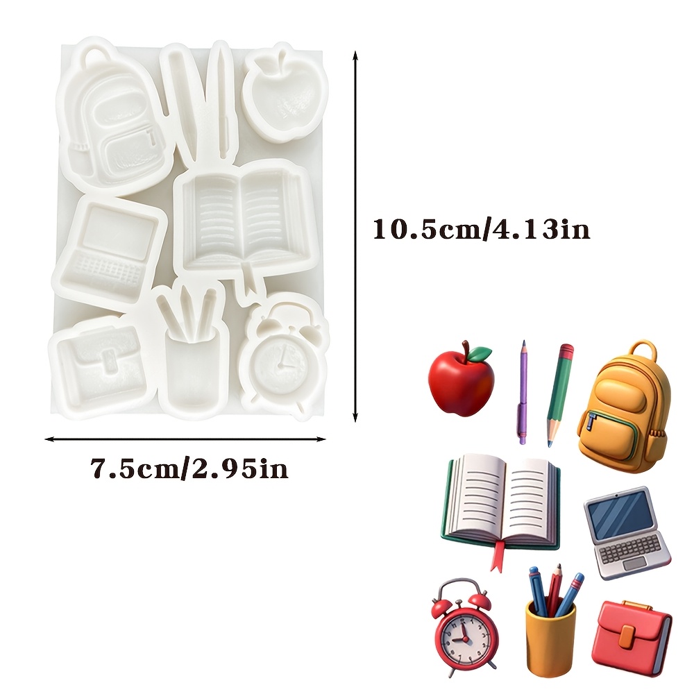 Image of 8- Student Theme Fondant Silicone Mold, Backpack, Alarm Clock, Pen Stationery Shaped Silicone Molds, Back-to-school Cake, Fondant Chocolate Mold, Food Grade