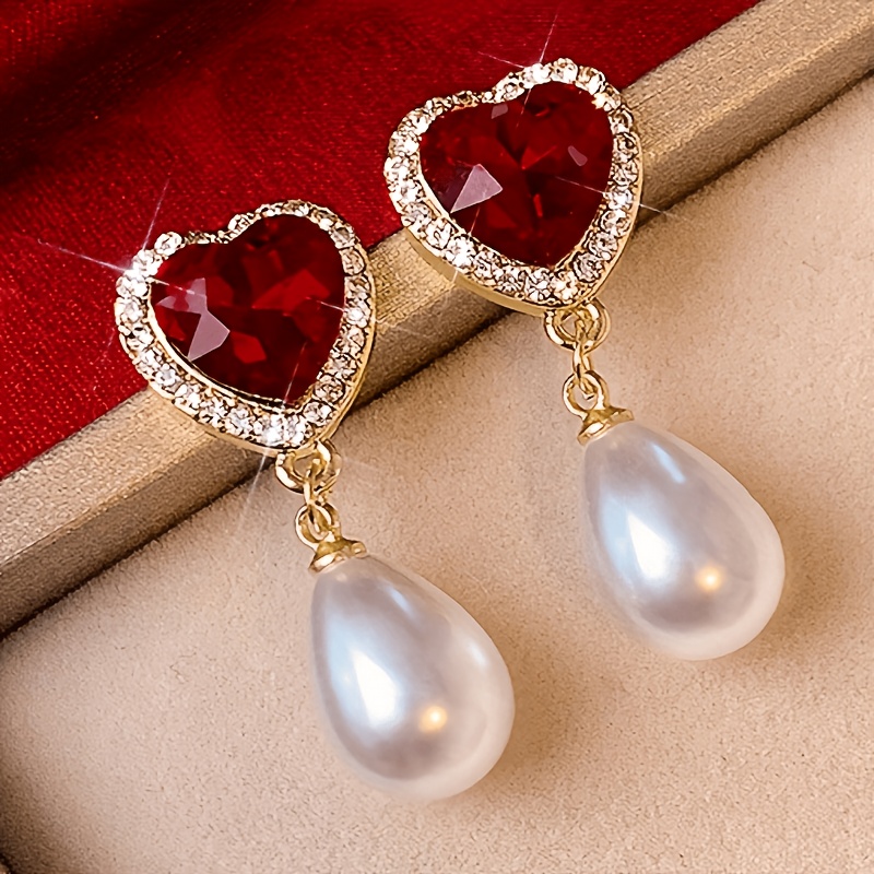 TEMU A Pair Of Elegant White And Red Heart-shaped Drop Earrings, Exquisitely Ornate, Suitable For Women's Banquets, Parties, Vacations, Dates, And