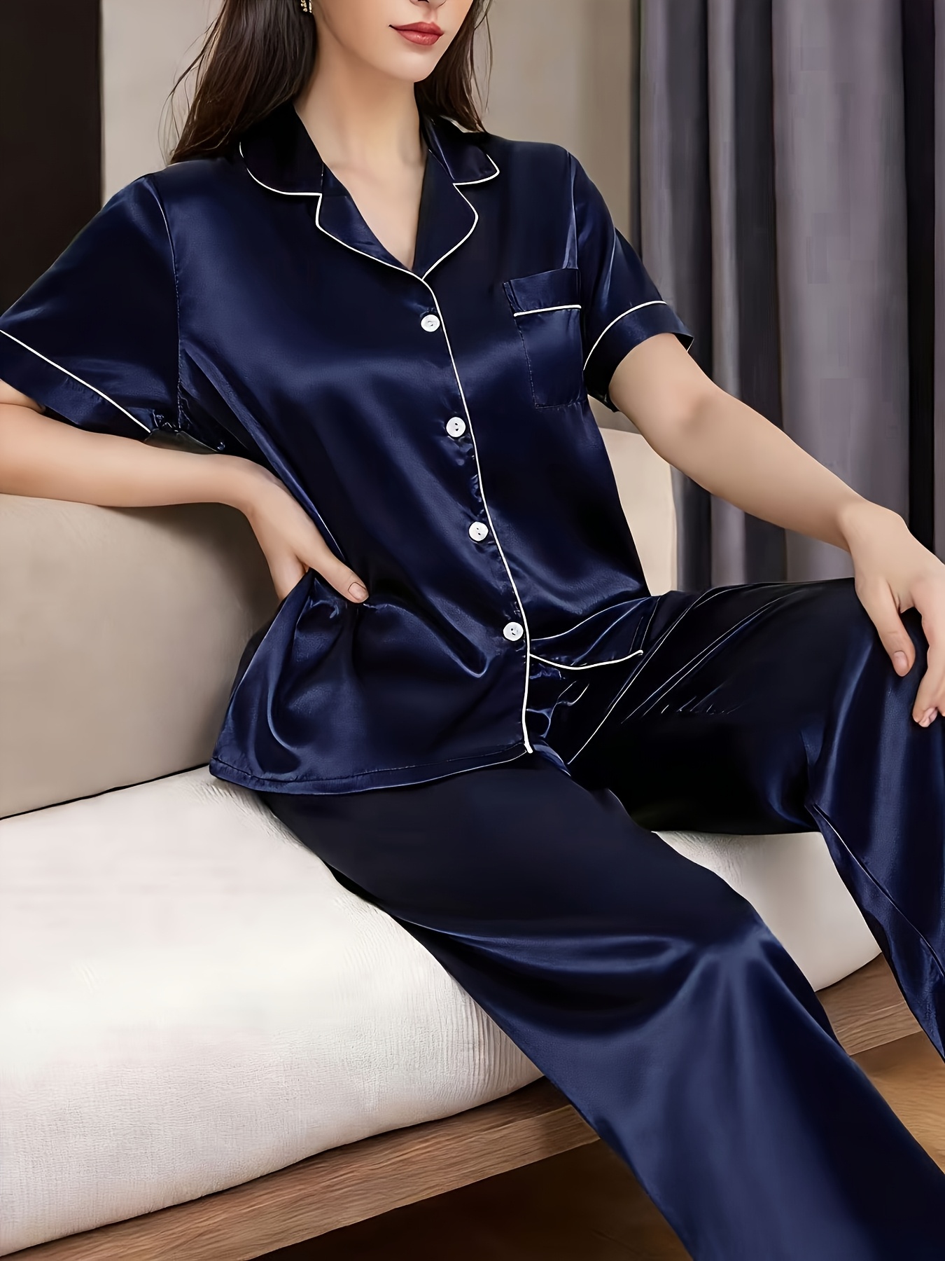 satin spring and summer loungewear for women featuring short sleeves long pants a easy design and a collared cardigan Product details 7