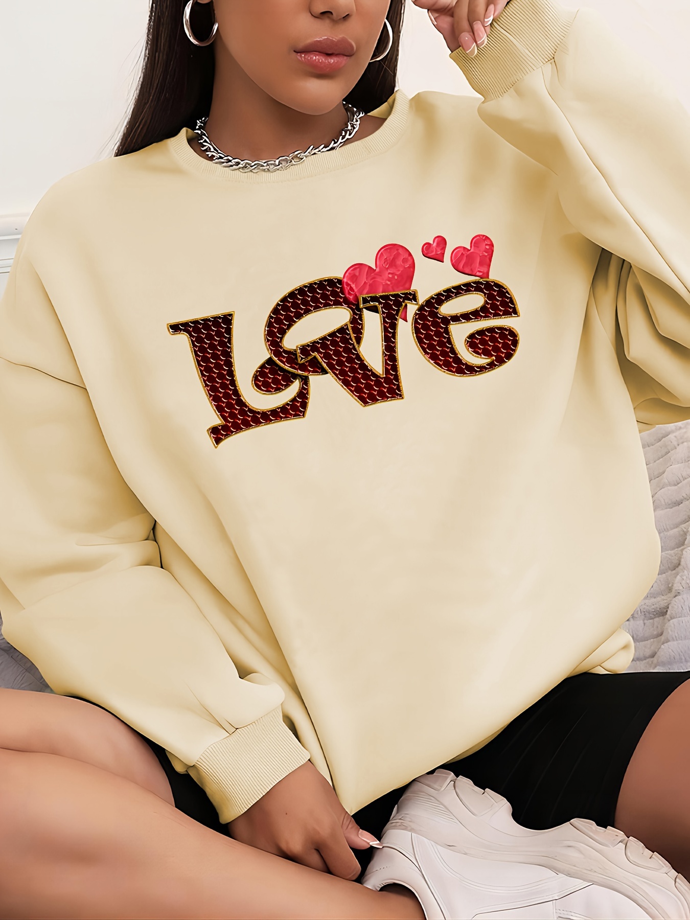 Heart Letter Print Sweatshirt Plus Size Casual Long Sleeve Temu Canada