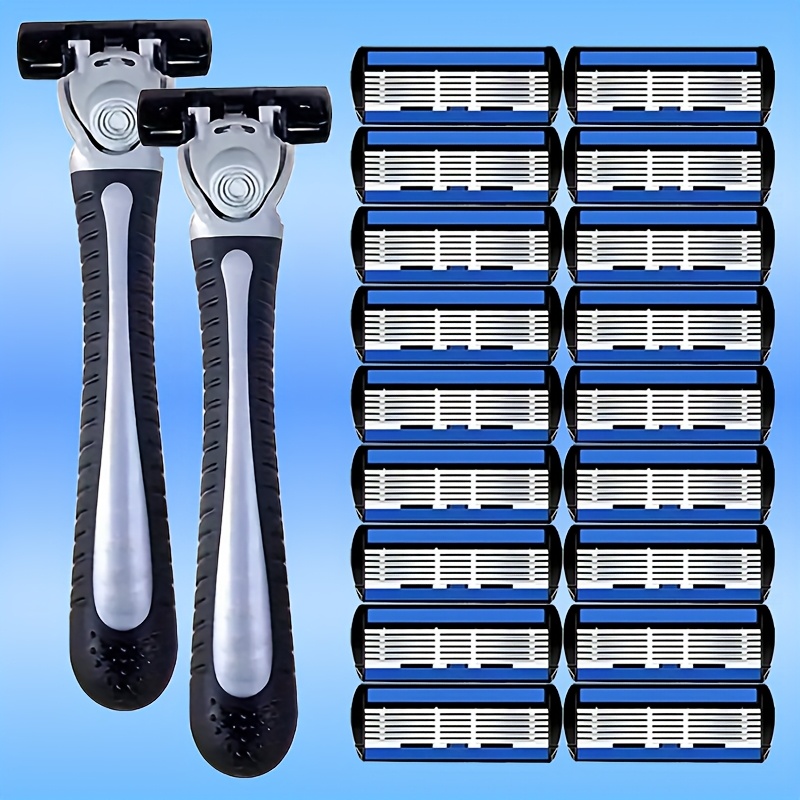 Image of Double-blade Handle Men' Steel 6-layer Blade Razor, Shaving And Hair Removal Tool, With 2 Handles And 18/24/30 Replacement , Reusable