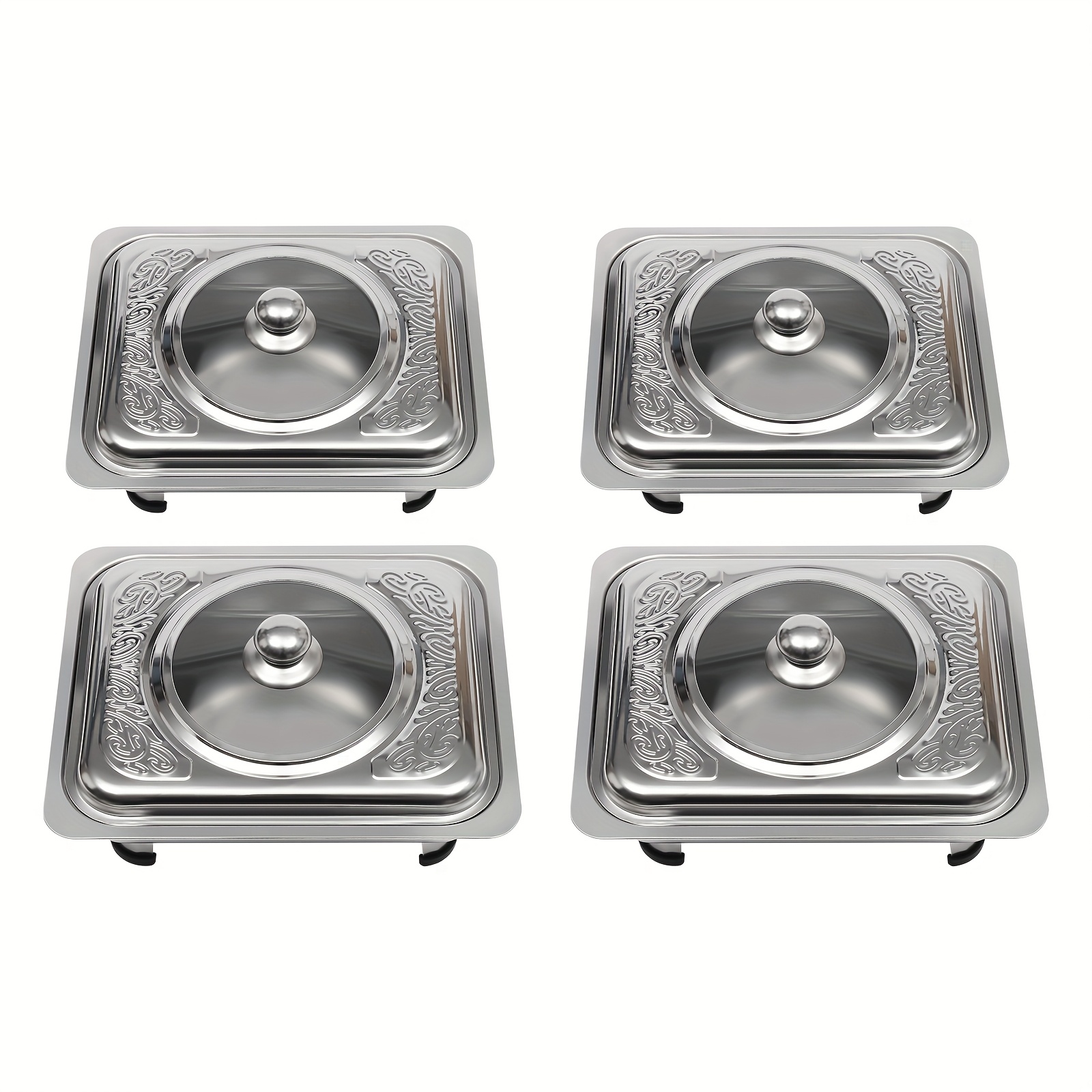 TEMU 4pcs Stainless Steel Insulated Buffet Tray Set - High-grade Glass Lid + Removable Non-slip Feet, Essential For Banquet/ Buffet/ Wedding/ Picnic,