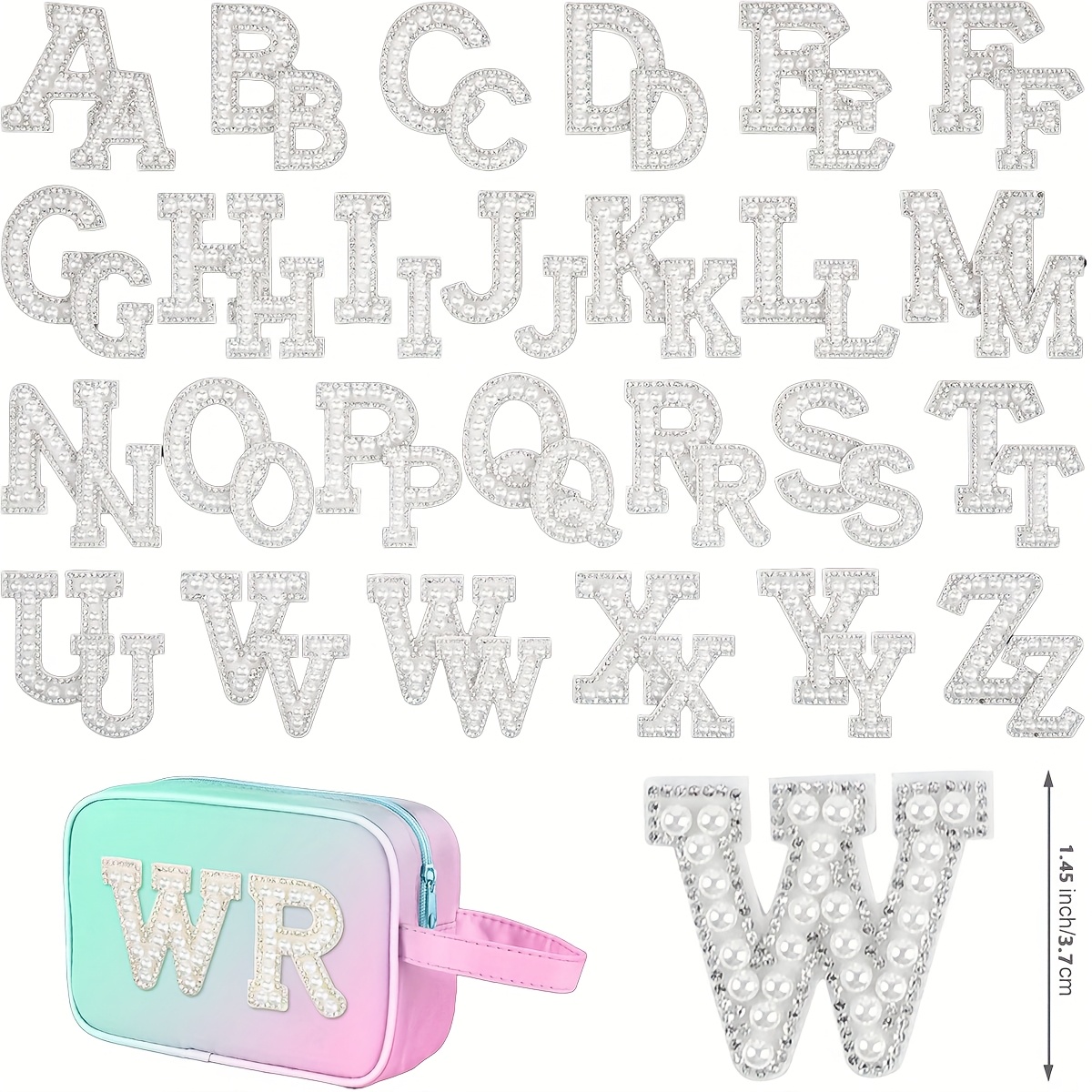 Image of 52pcs Iron-on Letters With Pearl Rhinestones (a-z) For Garments, Fabrics And Backpacks Iron-on Letters With Pearl Rhinestones (white Diamonds On White Background)