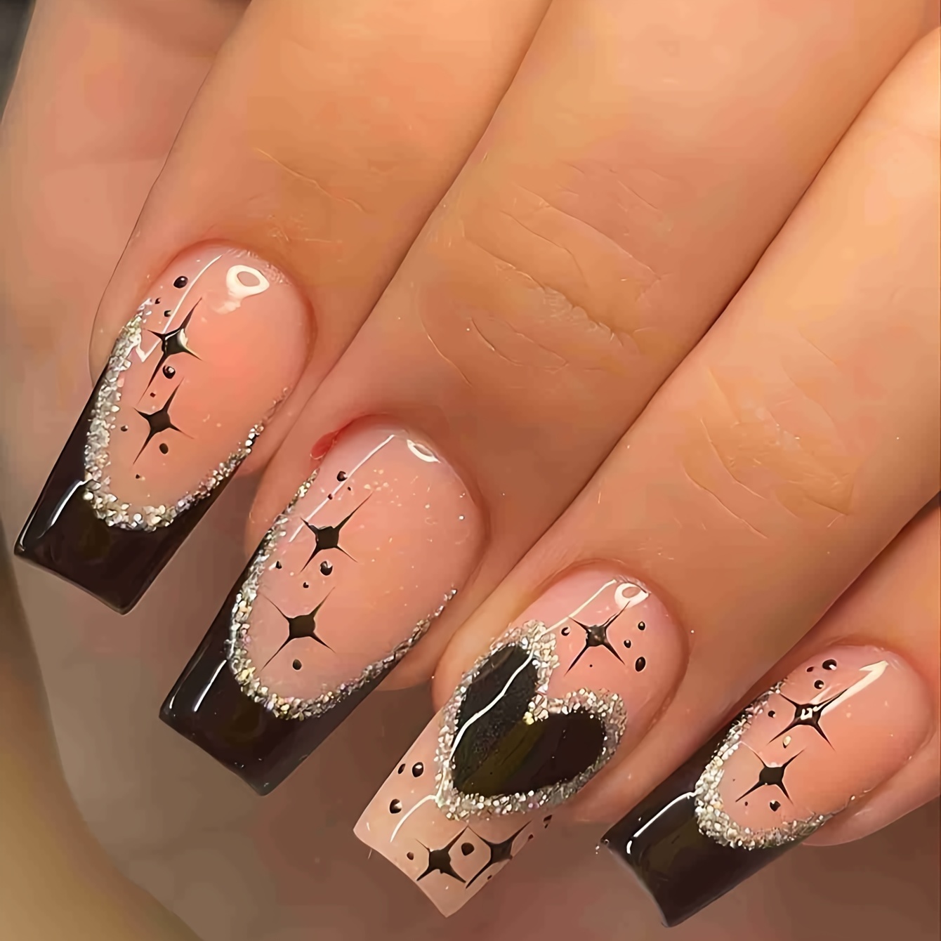 

Upgrade Your Style With A Set Of 24 Short Coffin-shaped Minimalist French Pink And Black Edge Glitter Fake Nail Wraps, Perfect For Parties, Dancing, And Everyday Wear.