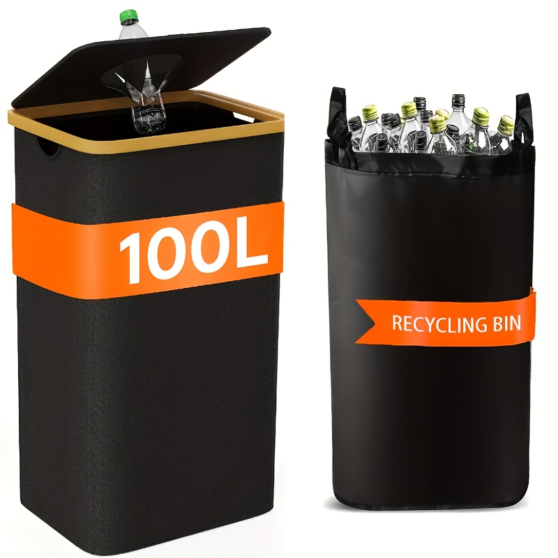 1pc 100 liter 26 gallon household collection bucket with detachable reusable inner bags 600d oxford cloth for bottle carton and glass recycling in home recycling bins bottle collector foldable beverage storage basket