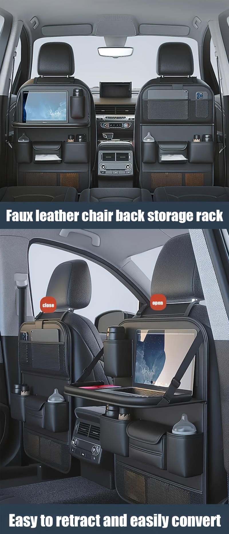 1pc car backseat organizer with foldable table tray pu leather seat back storage bag multi pocket travel accessories universal fit easy to install for toys snacks travel necessities details 0