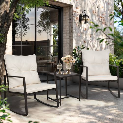 3pcs outdoor rocking bistro set patio black wicker furniture porch chairs conversation sets with glass coffee table