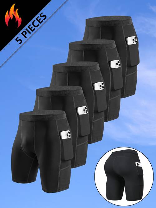 5pcs mens sports shorts black compression quick dry cycling pants hiking casual fitness training boxing shorts layer stretch pants with pockets