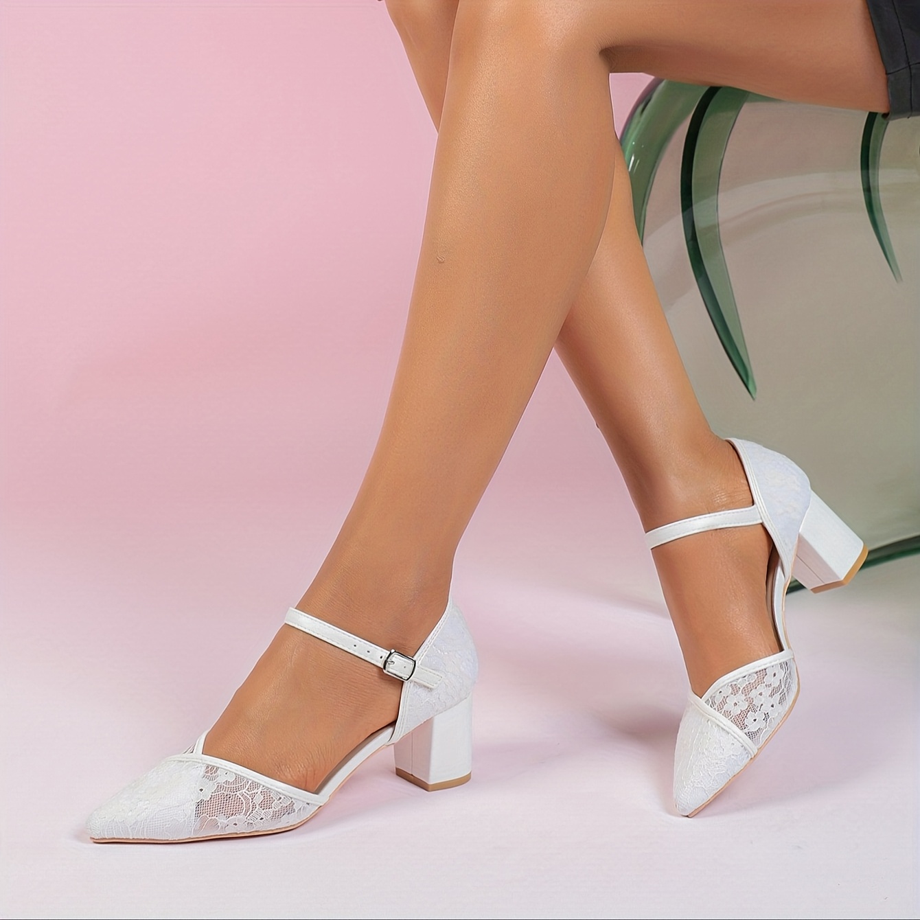 white lace high heels chunky block heels pointed Temu Mauritius