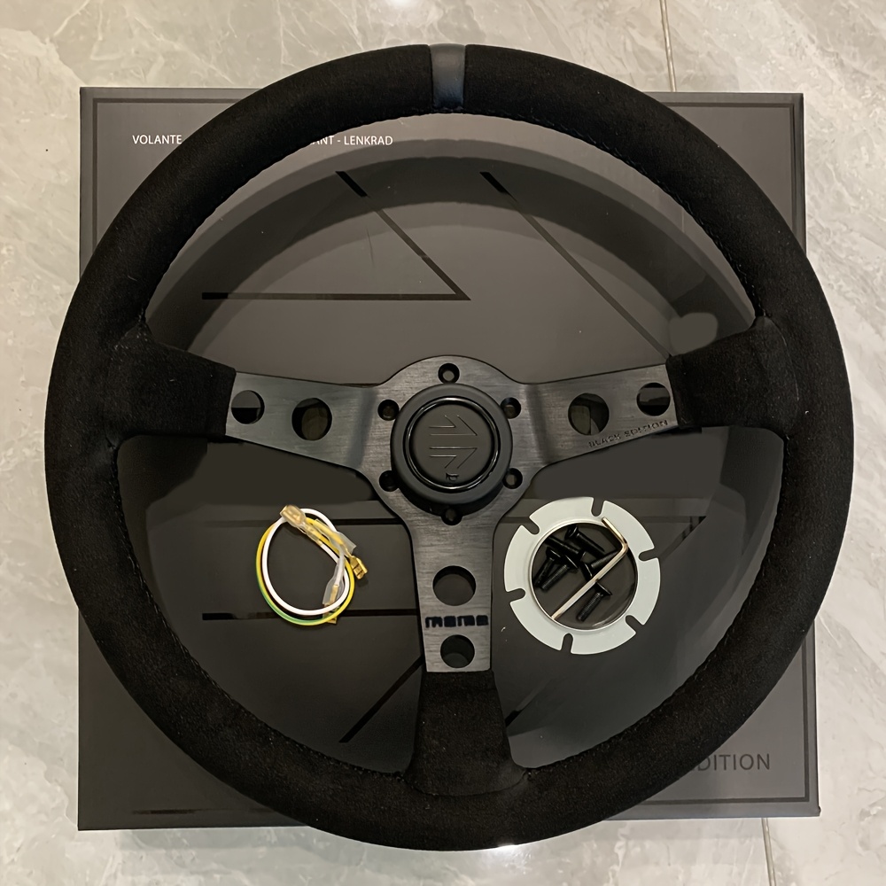 TEMU พวงมาลัยหนังสีดำ Racing 350MM Mod.07 - 14 นิ้ว สไตล์ Drift M.O., พวงมาลัยเกมจำลองเรลลี่
