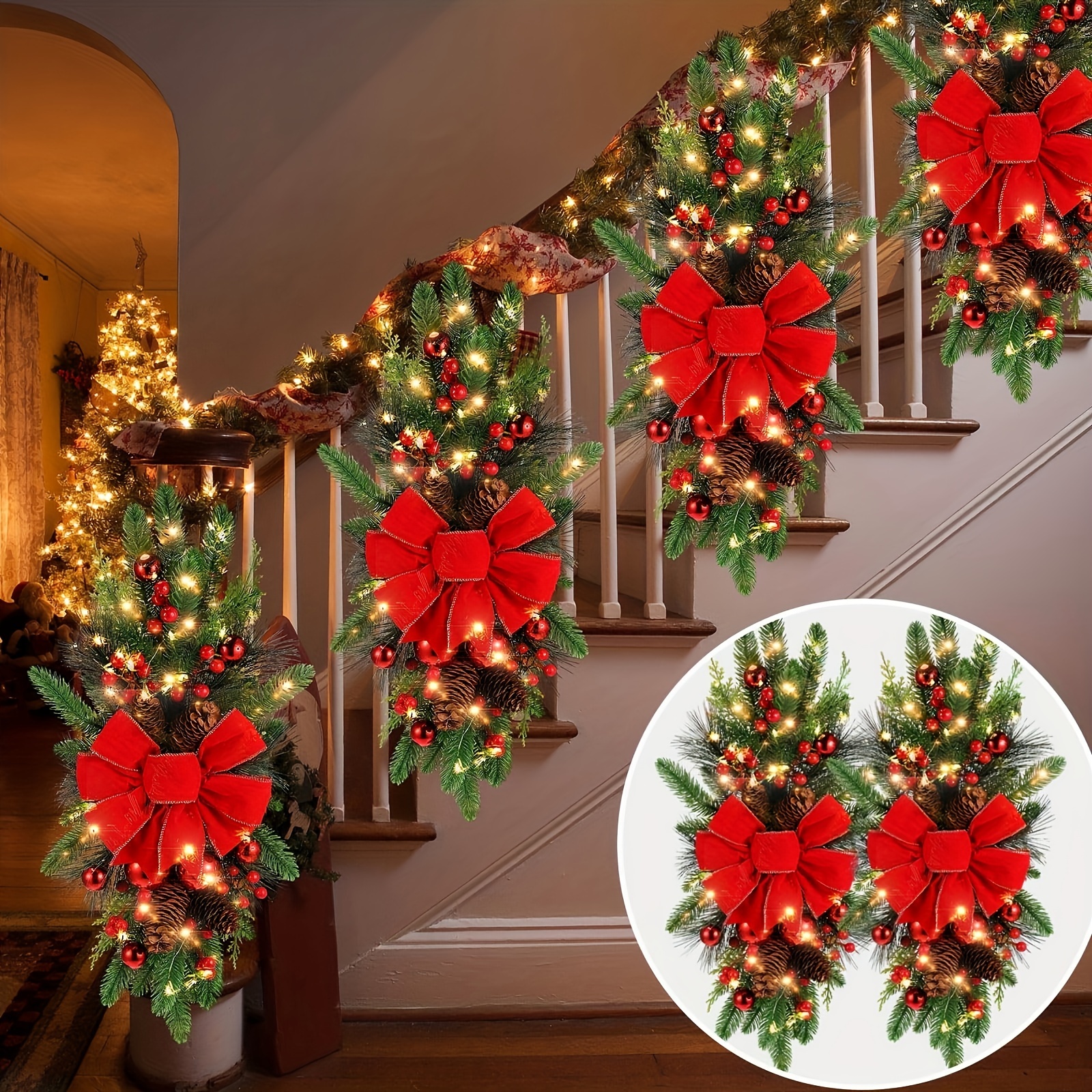 

23.6" Cordless Christmas Wreath - Staircase & Door Decor, Outdoor Home Garden Holiday Ornament