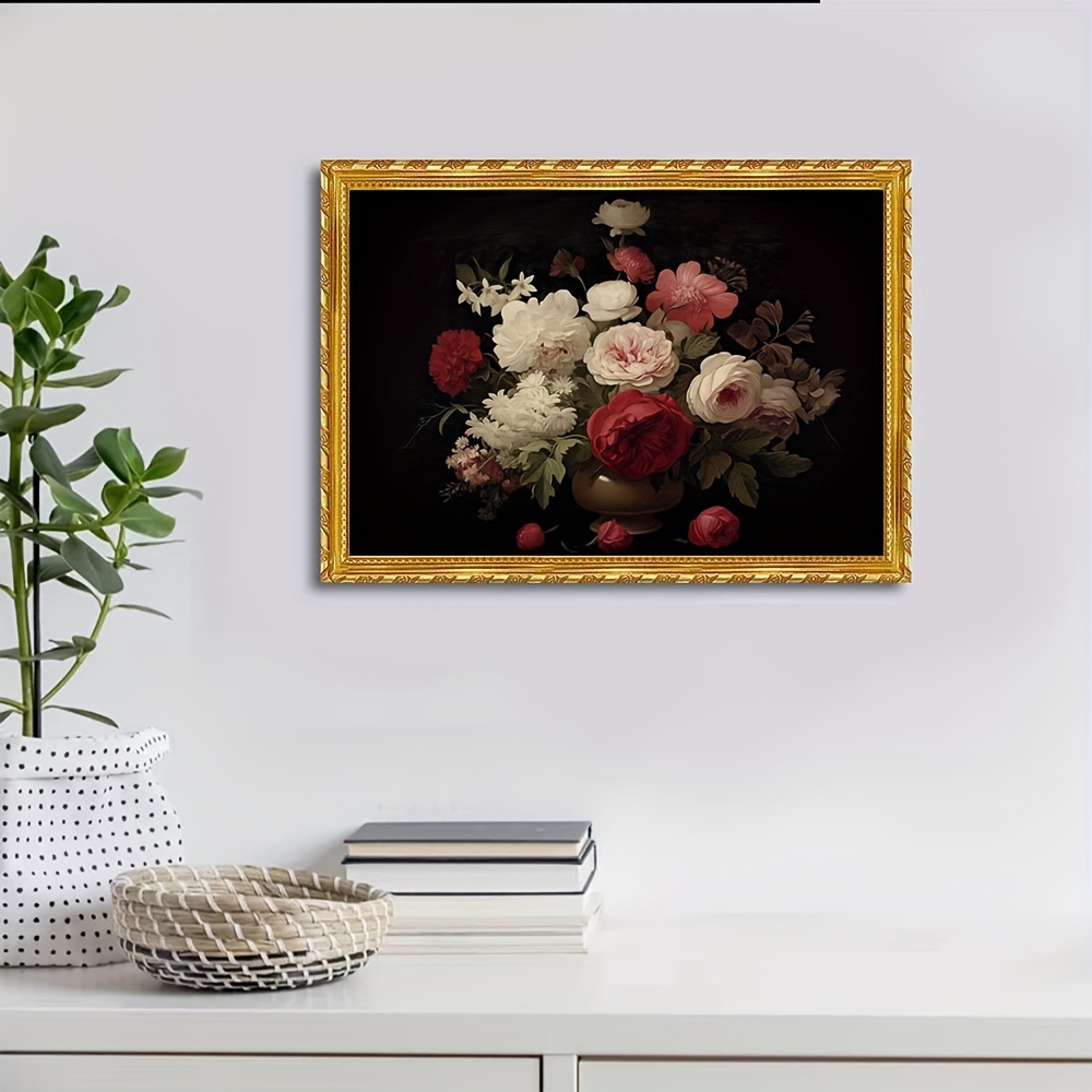 2d flat 1pc elegant   canvas art with   11 8x15 7 inch dark   roses peonies painting vintage inspired wall decor for living room framed canvas wall art