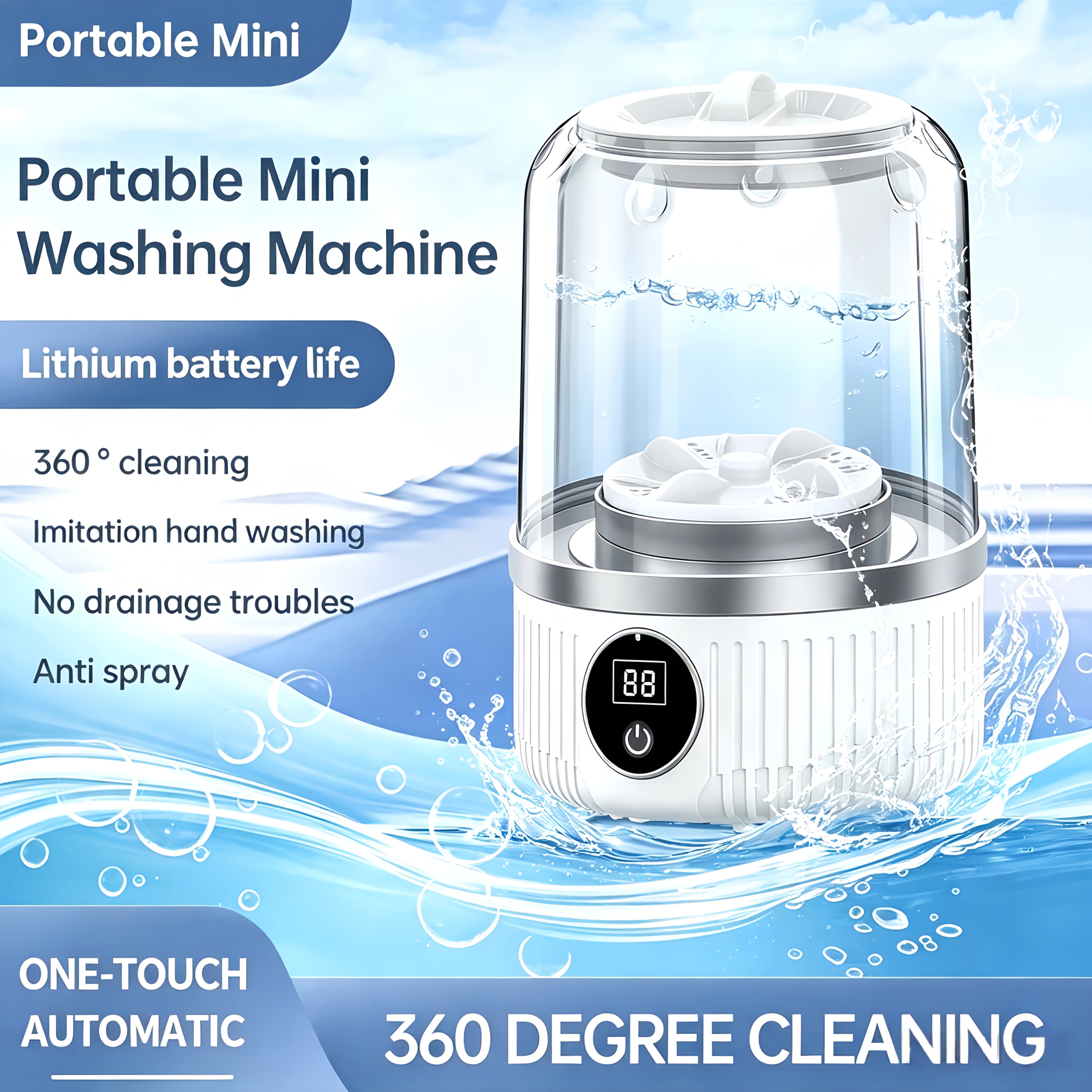 TEMU Mini lave-linge portable pour sous-vêtements 1,5 L, mini machine à laver fil de type C avec grande batterie, écran intelligent LED, modes à
