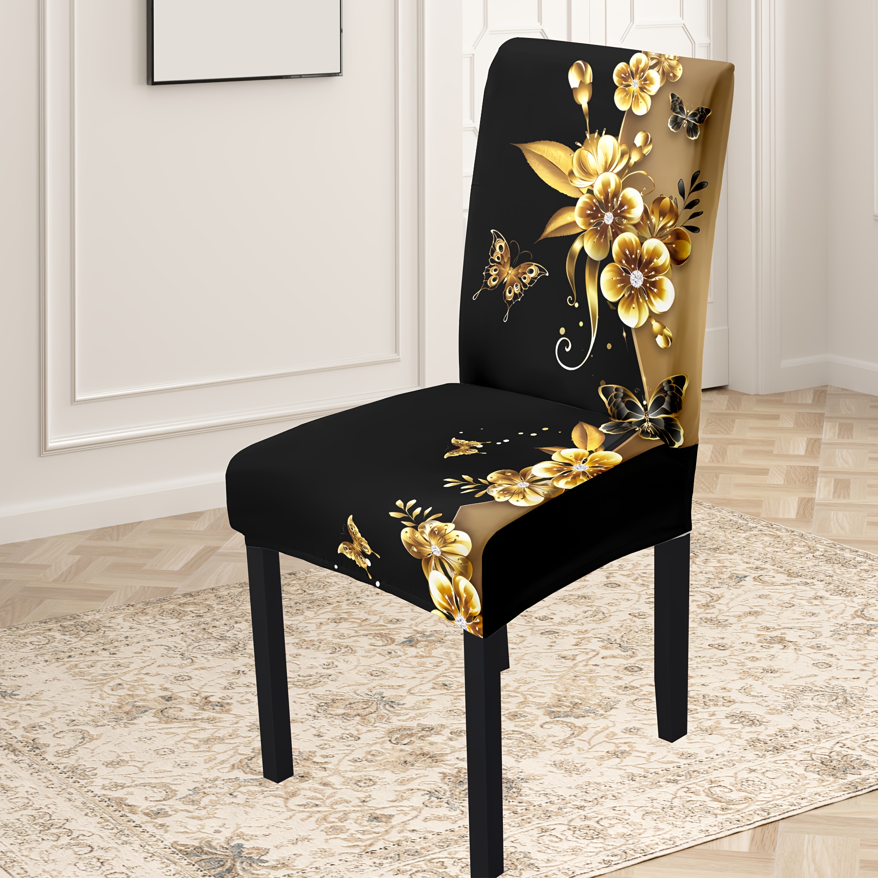 

4-pack/6- Stretch Dining Chair Covers, Black & Coffee With Golden Floral And , Polyester Spandex Slipcovers, Machine Washable, Dust-proof, For Home, Hotel, Garden Decor