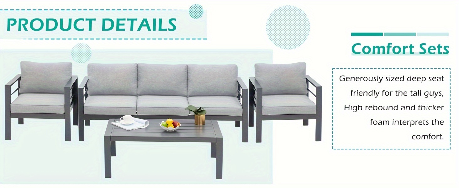 YODOLLA Aluminum Outdoor Furniture Collection, Contemporary Patio Set Including Coffee Table, 7pcs Conversation Set with Cushions for Balcony, Porch, And Lawn