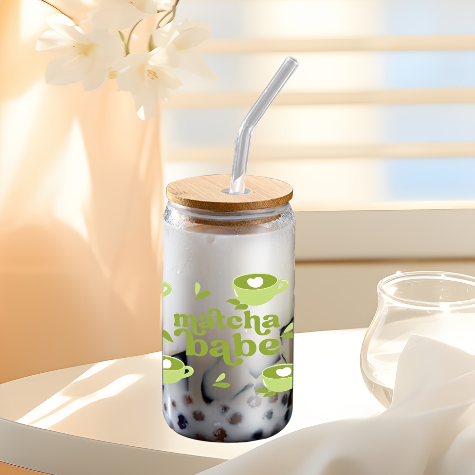 TEMU 1pc, 16-ounce Glass Jar Soda Cup Featuring A Lid And Straw, Perfect For Home Use. It Showcases 3d Uv Printed Letters And A Design, Making It An