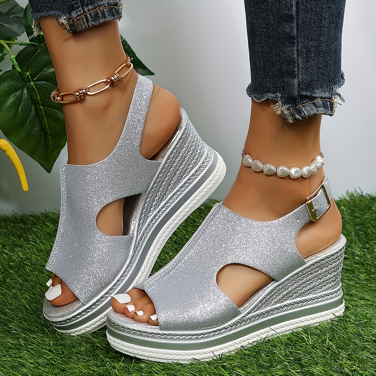 women's plus size glittery silver platform sandals Temu Bahrain