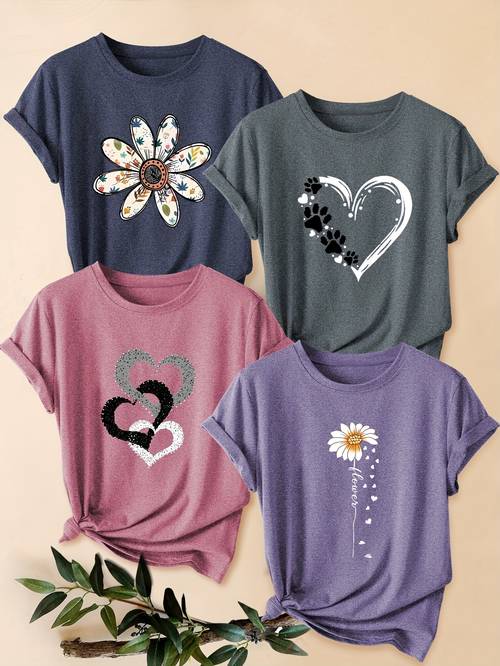 four pack womens heart floral short sleeve t shirt with overlapping heart cutouts chrysanthemum print and round neck suitable for spring summer and fall fashionable versatile and elegant vintage style top for commuting vacation daily wear