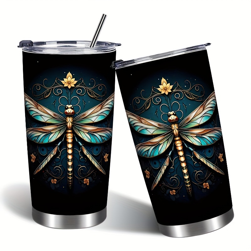 

Dragonfly With Handle & Straw - 20oz Stainless Steel Travel Coffee Mug, Large Capacity, Perfect Birthday Gift