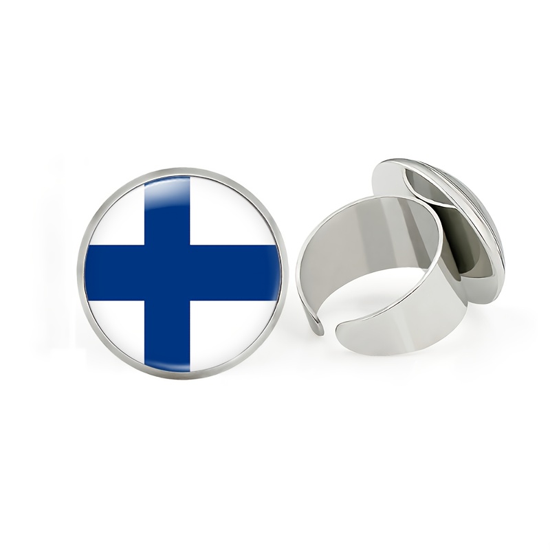 TEMU 1pc Packaging, /women's 25mm Size White Fashion Ring With Retractable Feature, Featuring A Simple And Clear Blue And White Finnish Flag