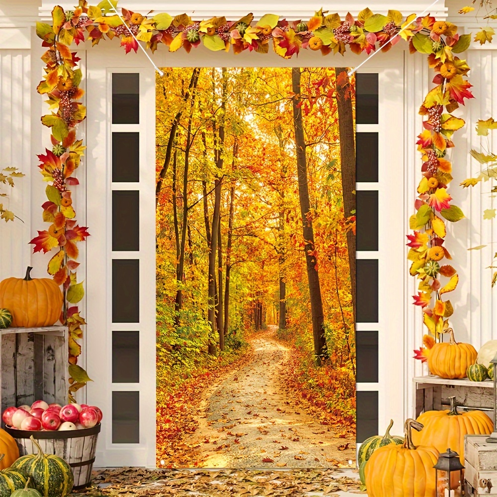 

Welcome Fall Door Banner - 35x70 Inch Polyester Autumn Woods Path Design, Thanksgiving Porch Sign, Seasonal Farmhouse Harvest Decor For Front Door & Home Wall