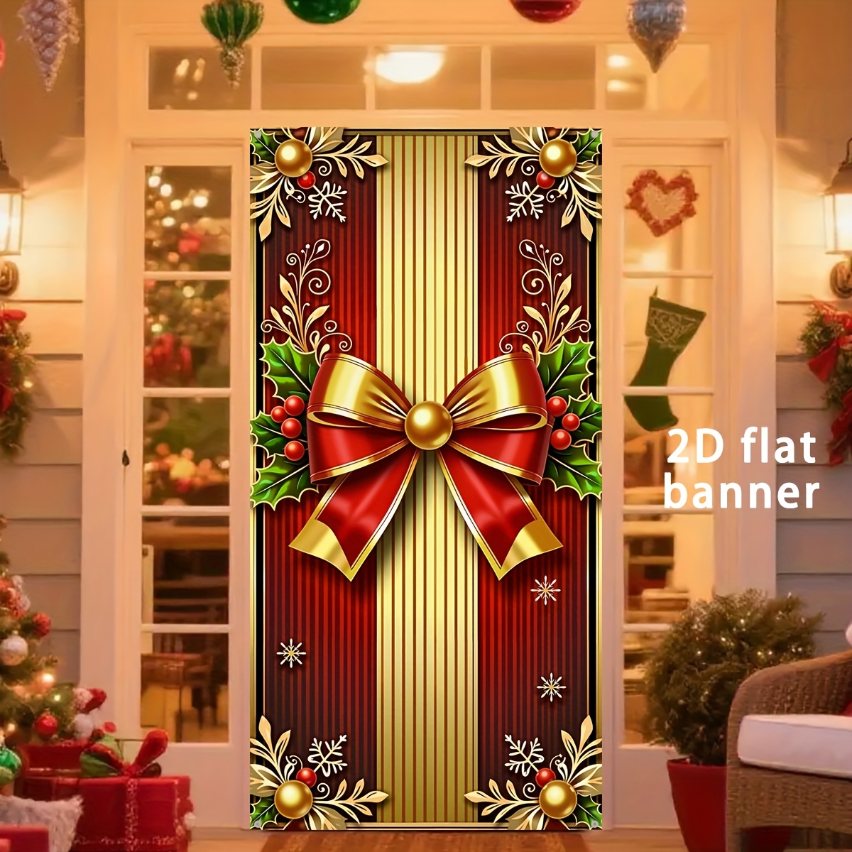 TEMU 2d Flat - 2d Door Banner 2d Flat - 2d Door Banner 2d Flat Banner, 1pc, Christmas Decoration Door Banner Door Flag, Exquisite Red And Design Door