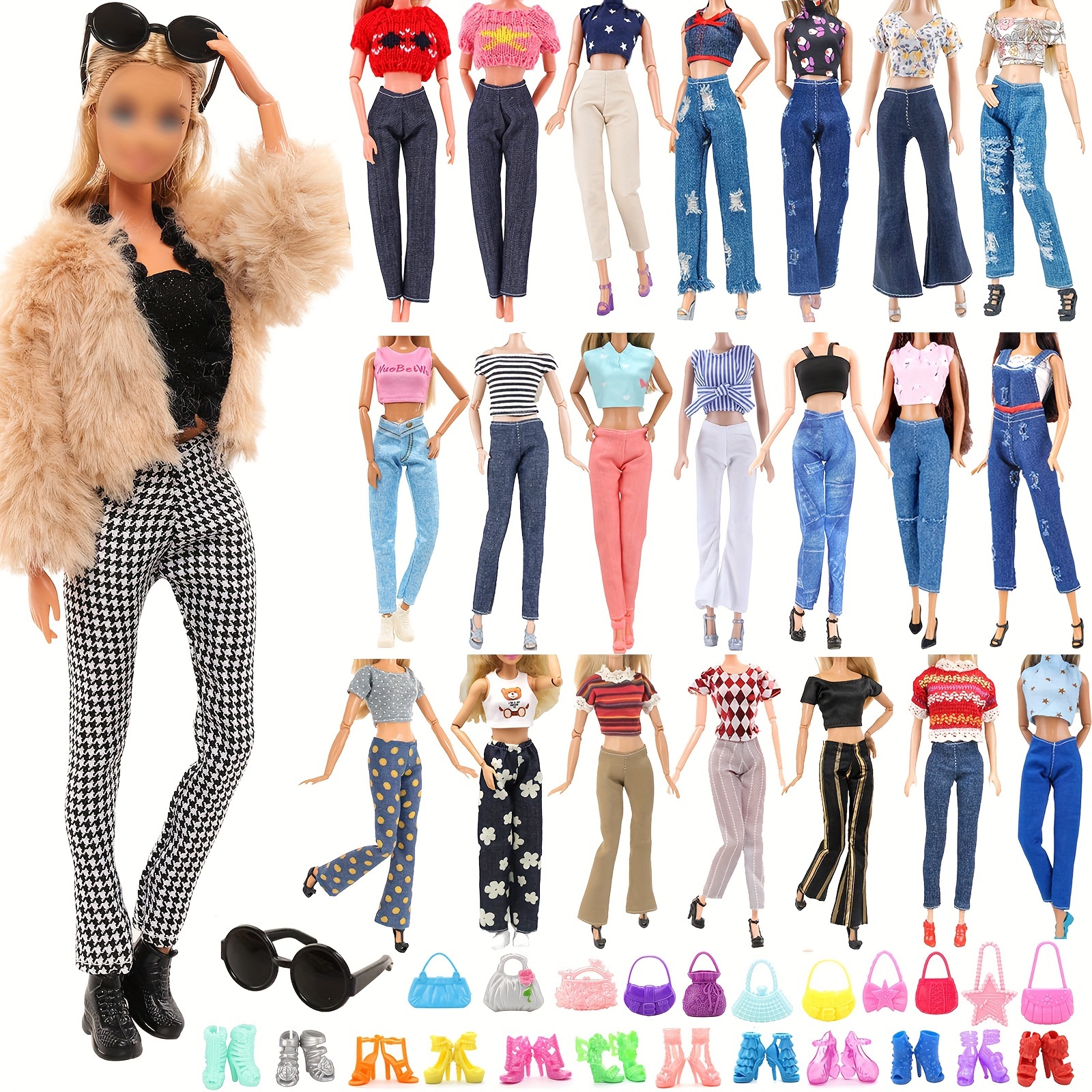 16 PCS Clothes and Accessories for Barbie 11.5 inch Doll Including 6  Handmade Fshion Wear Outfits ( Tops and Pants or Dress) and 10 Pair of  Shoes in