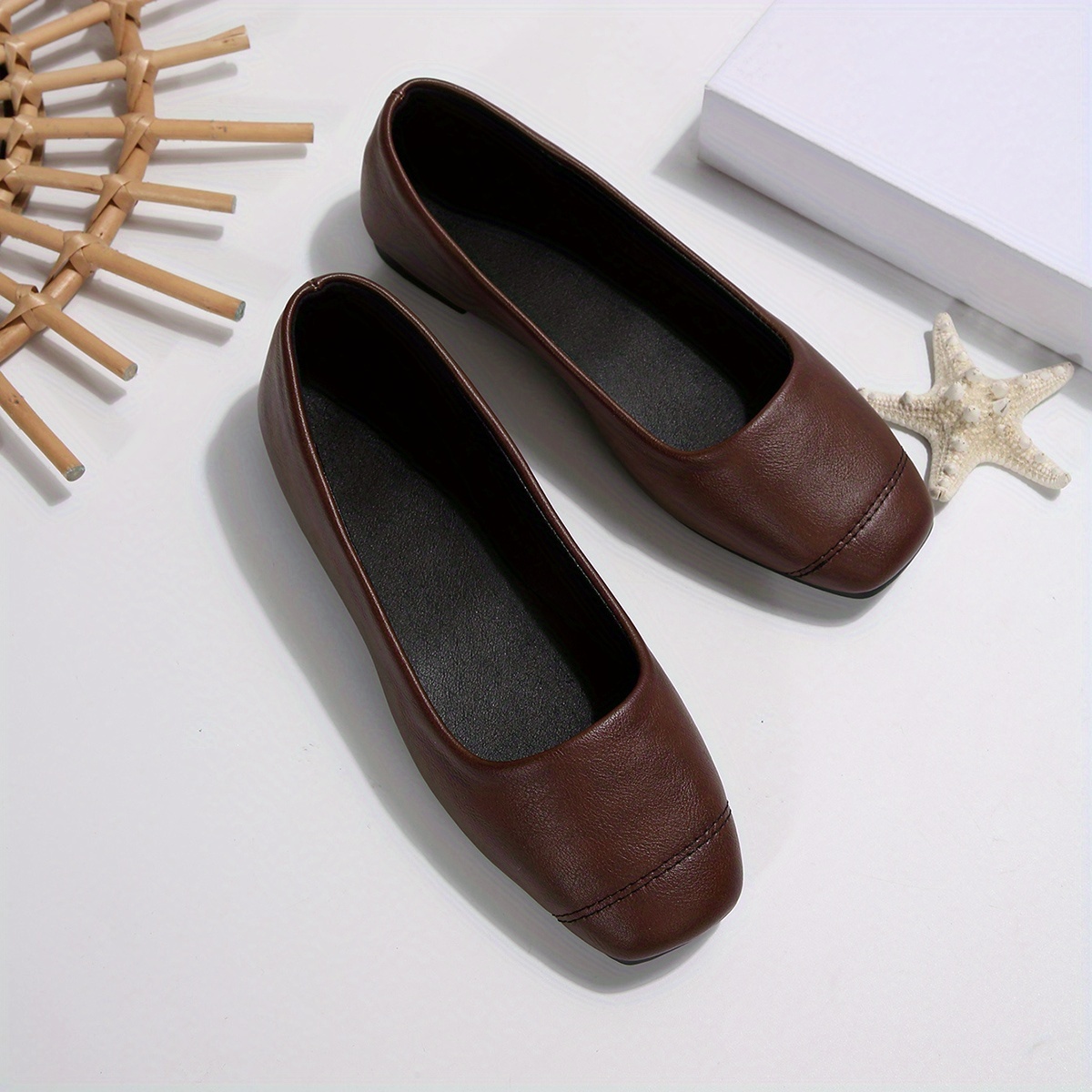TEMU Comfortable Soft Low Heel Flat Shoes For Women, 2025 New Summer Style, Flat Sole, Evening Style, Square Toe, Spliced Shallow Mouth, Grandma