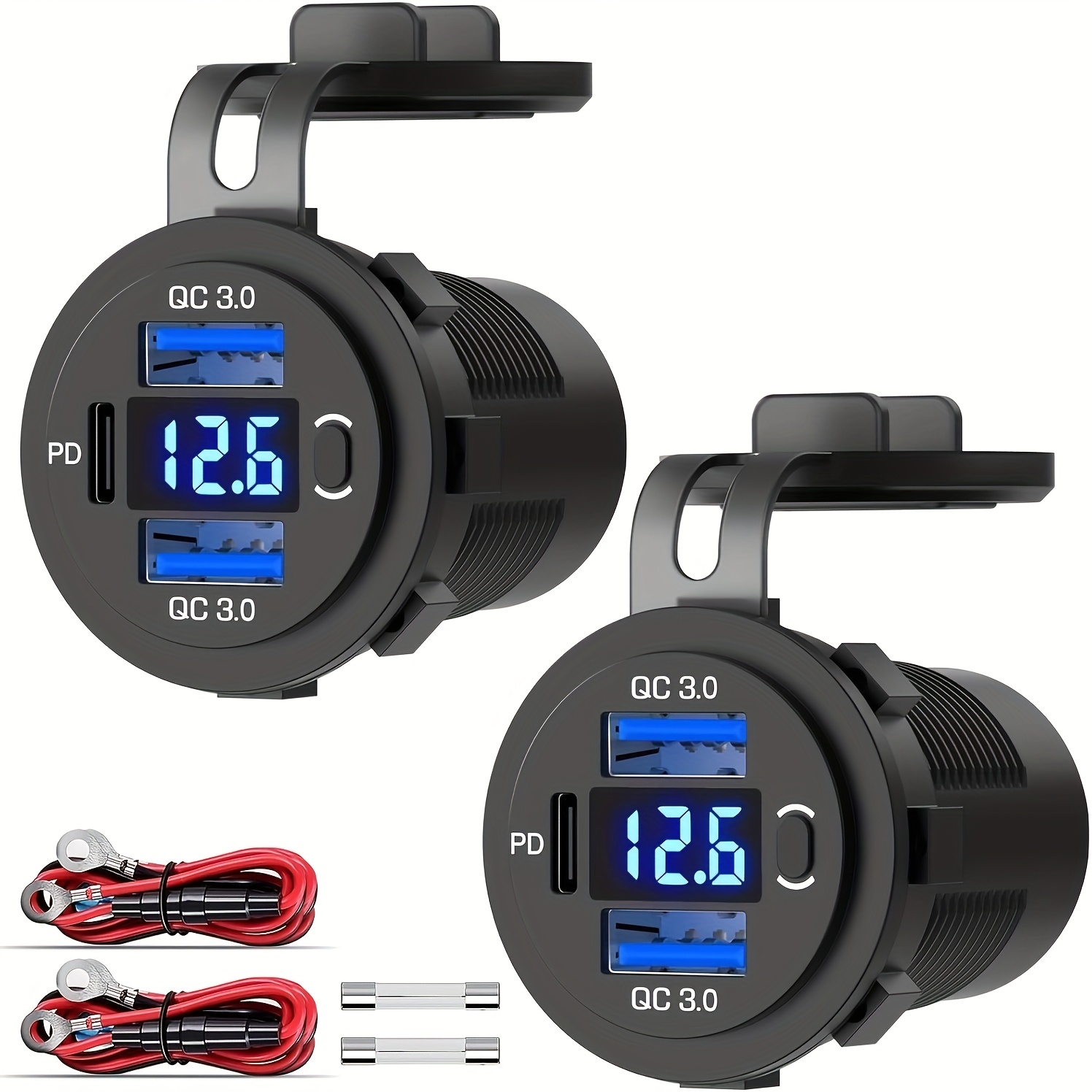 TEMU Set Of 2 Car Charger Sockets With 12v Usb C: Features Dual 3.0 And Pd Usb C Ports, A 12-volt Usb Outlet With A Voltmeter And Power Switch, Ideal