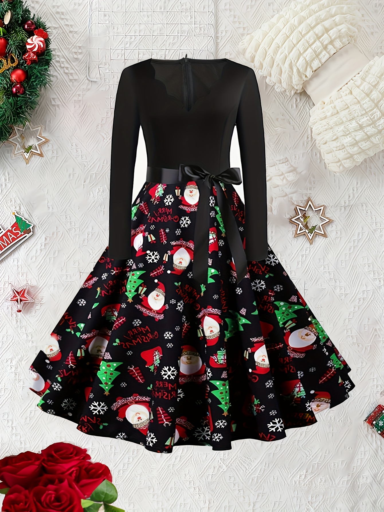 Women's Christmas Dress * Long Sleeve Christmas Print Midi Dress Ugly 50s  Retro Cocktail Party Dress