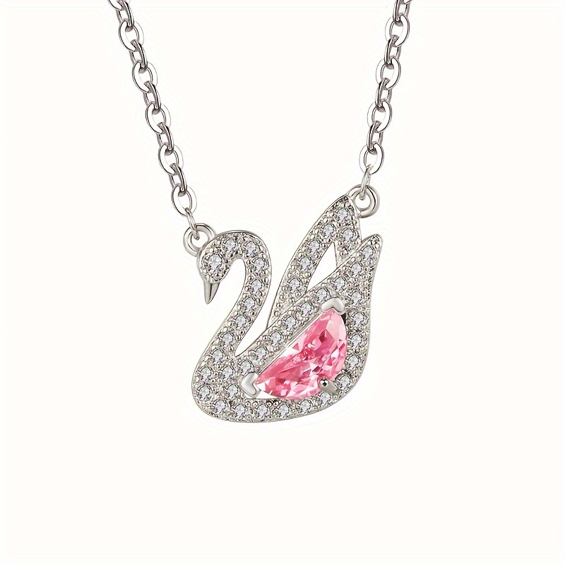 

Elegant Swan Pendant Necklace With Pink Zircon - Chic Copper Clavicle Chain For Everyday Wear, Perfect Gift For Women
