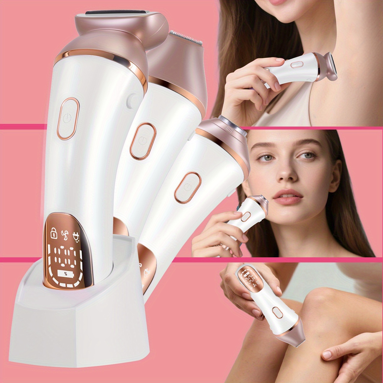 Ženski epilator za lice s tri glave | Punjivi, pametni boja riže ruža, oštrice od nehrđajućeg čelika, USB punjenje, marka HATTEKER, set tri u jedan za podplatice i intimno čišćenje, rođendanski poklon za djevojku, ceremonija za odrasle