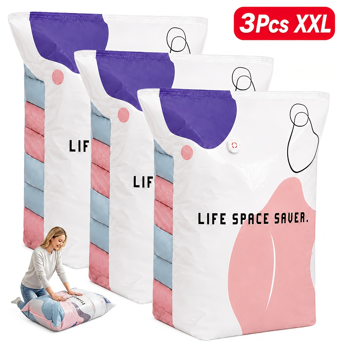TEMU 3 pezzi Sacchetti Salvaspazio a Compressione Senza Pompa, Riutilizzabili Senza Vuoto per Vestiti, , Trapunte e Biancheria da Letto, Organizer da