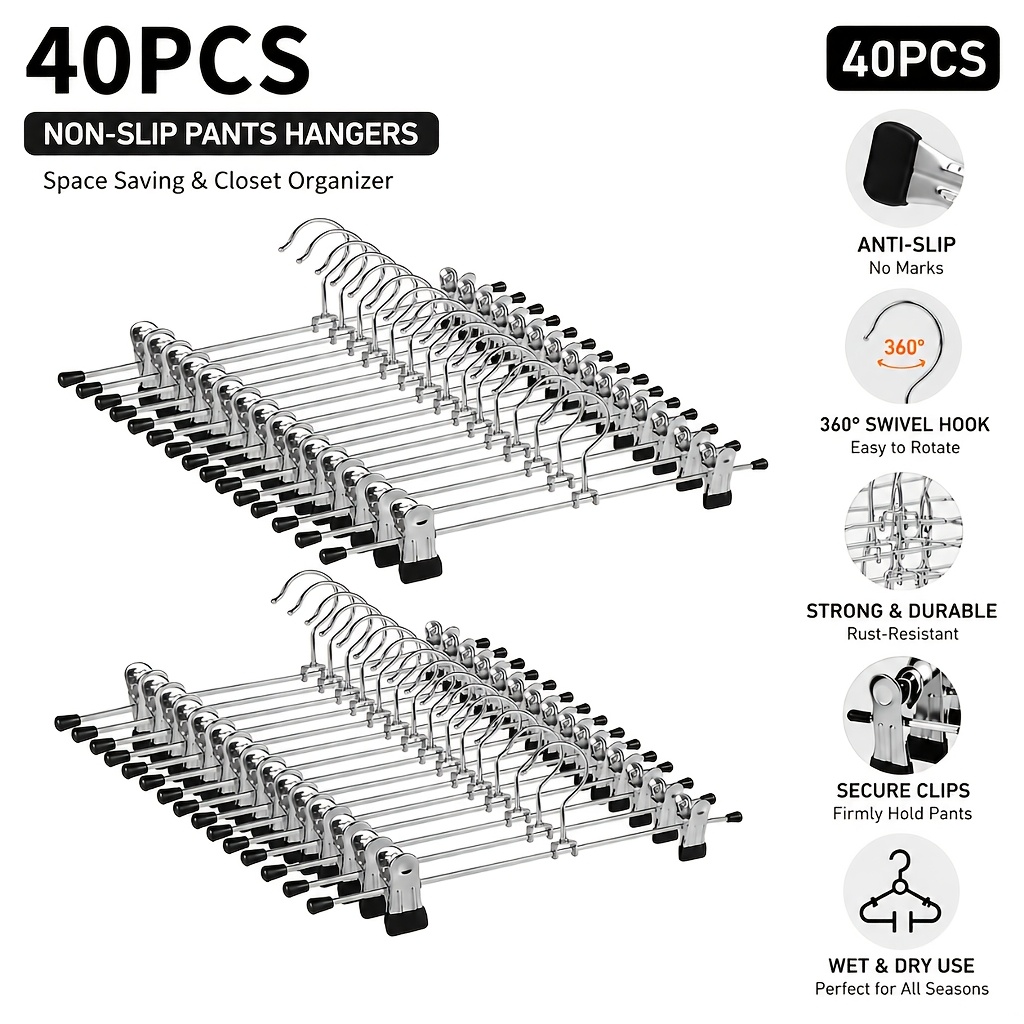 TEMU 20/40pcs Adjustable Metal Hangers With Hooks & Clips, Space Saving Wardrobe Storage Organizer For Bedroom, Dorm & Home, Ideal For Women's Jeans,